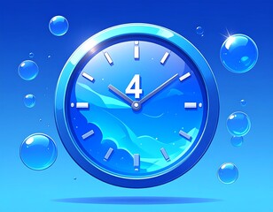 Cartoonish, glossy blue clock with water-like reflections, surrounded by bubbles, set against a gradient blue sky