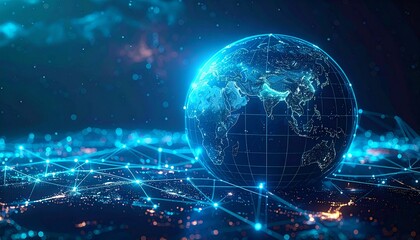 A global network of connections and data communications across the globe. The concept of digital technology, the internet, and big data. The connected light lines represent data transfer and connectie