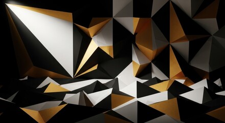 Abstract low-poly geometric backdrop with white, gold, and dark polygonal shapes