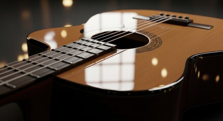 Fototapeta premium Acoustic guitar close-up with selective focus and bokeh background