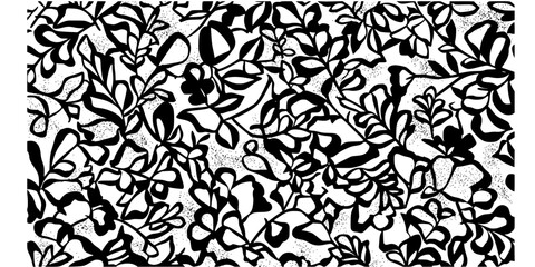 Obraz premium Refined Grit Botanical Pattern - Bold line, seamless black and white vector pattern of abstract plants with subtle grainy texture for edgy, tactile, and raw designs