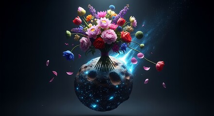 Cosmic flora: a celestial bouquet blooming from a planet illuminated with starlight and ethereal glow