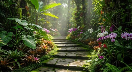 Stone Pathway Surrounded Tropical Flora