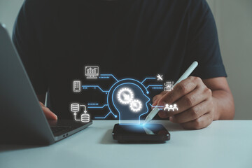 Person interacting with smartphone using AI technology, visualized as a brain with gears and icons representing data integration, databases, AI and machine learning for digital innovation.
