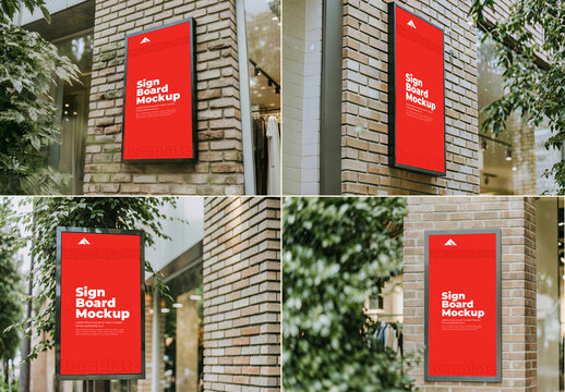 Set of Vertical Signboard Mockups on a Glass Wall Surrounded by Dense Greenery