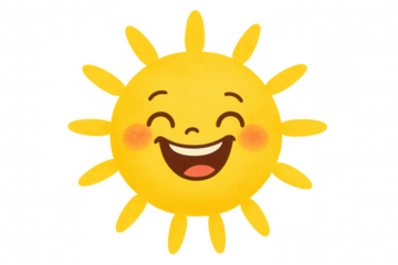 Happy sun character laughing, sunshine mascot smiling, joyful cartoon sun celebrating good weather