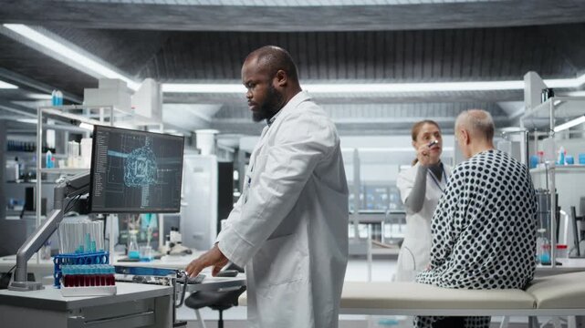 Black medic recording pharmacology data with artificial intelligence, analyzing patient reaction for a new drug testing with machine learning and neural networks. Medical progress. Camera A.