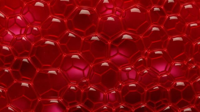 Closeup of red liquid bubbles forming a honeycomb pattern