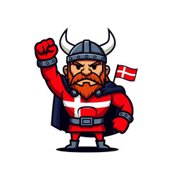 Naklejka premium Determined cartoon warrior raising fist, embodying strength and national pride with a symbolic flag, perfect for impactful graphic designs and cultural representations