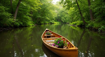 Wooden boat floats serenely on calm river surrounded by lush green forest