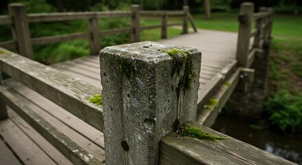 Wooden bridge over stream in forest environment daytime landscape