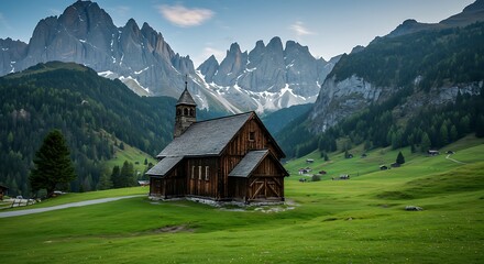 Obraz premium Wooden church nestled in a scenic alpine landscape with towering mountains
