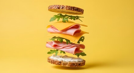Deconstructed sandwich with layers of ingredients suspended in mid-air against a yellow background.