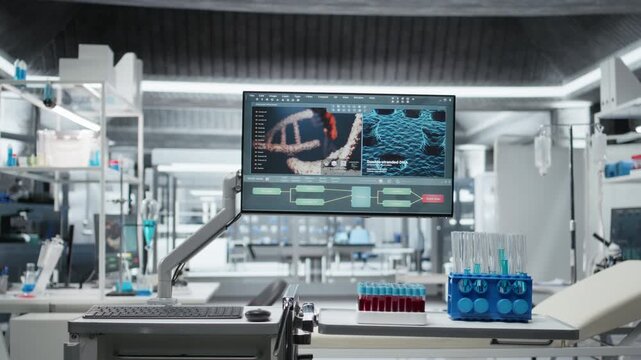 Empty lab filled with modern research equipment and computer screens ready for observation, testing and analysis. Symbolizing innovation and biotechnology development in healthcare and biomedicine.