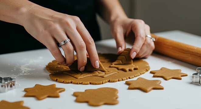 Womans hands cutting gingerbread cookies on white surface