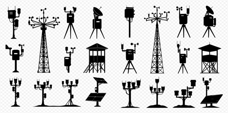 Silhouetted weather stations and observation towers, a variety of scientific instruments for meteorological data collection.