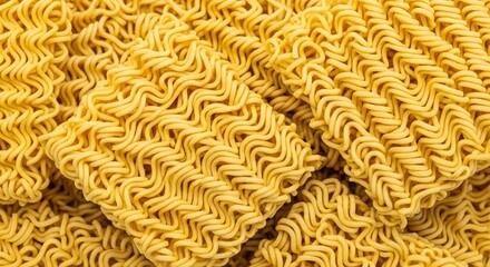 Close-up shot of uncooked instant noodles, showing the wavy, textured surface and golden color.