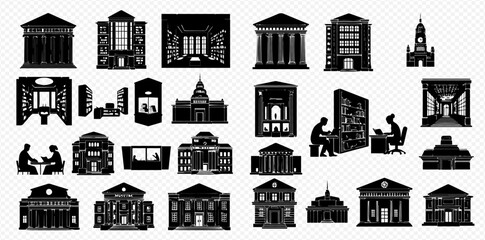 A collection of architectural silhouettes, including buildings, libraries, and people reading.