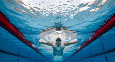 Underwater view of a swimmer in a pool, arms outstretched.