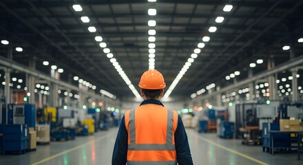 Man in safety gear walking through a factory.