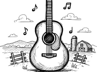 Sketch Guitar Icon Acoustic Guitar Country  Vector Illustration isolated