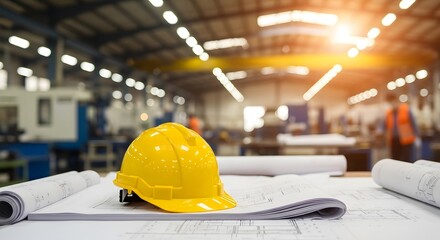 Yellow hard hat on blueprints in a factory setting.