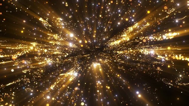 4K Golden Glitter Particle Explosion Abstract Light Burst Background Animation Video. Gold particles isolated on black. Trend effect for motion design, overlays, intros, or festive visuals.
