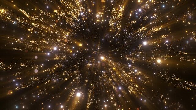 4K Golden Glitter Particle Explosion Abstract Light Burst Background Animation Video. Gold particles isolated on black. Trend effect for motion design, overlays, intros, or festive visuals.
