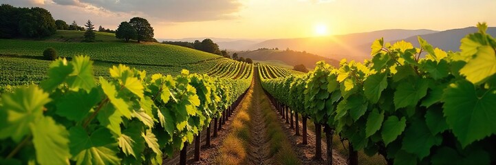 Naklejka premium Sun-Drenched Hillside Vineyard Ready for Harvest Idyllic Rows of Lush Grapevines Perfect for Wine Labels and Publications