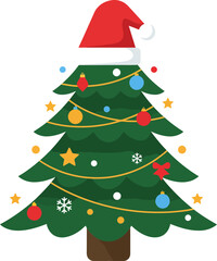 Festive Christmas Tree Decorated with colorful ornaments and a Santa hat atop