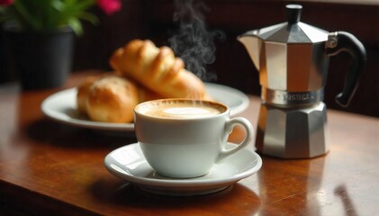 Luxurious Morning Coffee Steaming Cup, Silver Coffee Pot, and Pastries on Polished Mahogany
