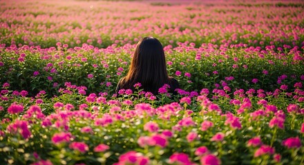 Woman in a field of pink flowers, enjoying the beauty of nature.