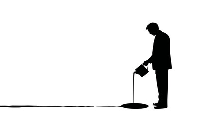 Graphic silhouette of a man pouring dark liquid, creating a long black line on a pure white background. Concept of genesis or path.