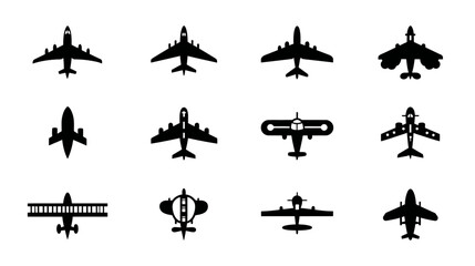 Set of Diverse Airplane Silhouettes. Collection of Aircraft Icons for Aviation, Air Travel, and Transportation Design Elements.