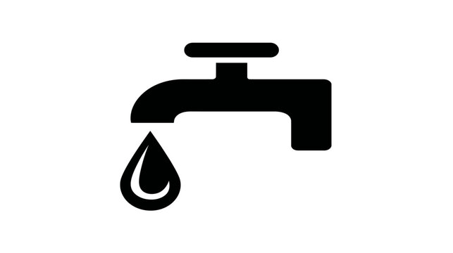 Water faucet icon with a single droplet falling, symbolizing water conservation, plumbing, and essential resources, in a minimalist black and white vector graphic.