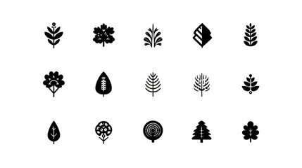Set of diverse minimalist tree and leaf icons on white background, vector graphics for nature, ecology, and organic designs