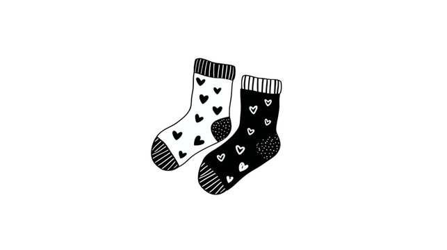 Hand-drawn pair of cozy socks with black and white heart patterns, charming doodle style illustration for comfort and warmth