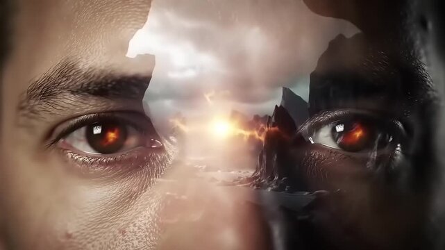 Close up of human eyes with light and landscape overlay effect