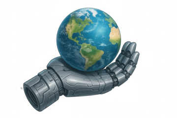 Robot hand holding planet earth, symbolizing global technology, ai stewardship, and environmental future