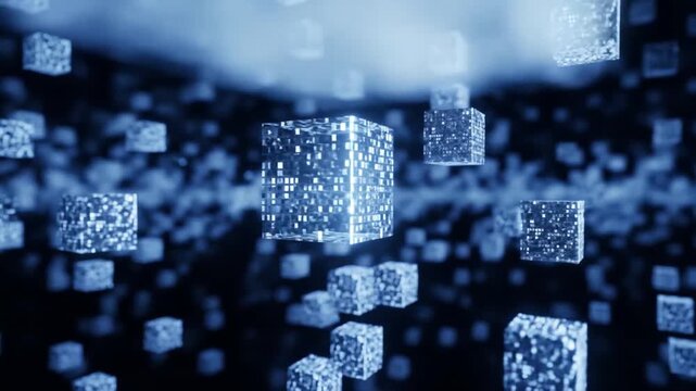 Abstract blue digital cubes floating in a dark space, representing data, technology, or futuristic concepts.