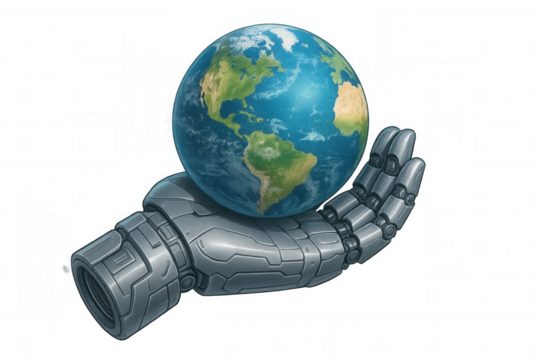 Robot hand holding planet earth, symbolizing global technology, ai stewardship, and environmental future