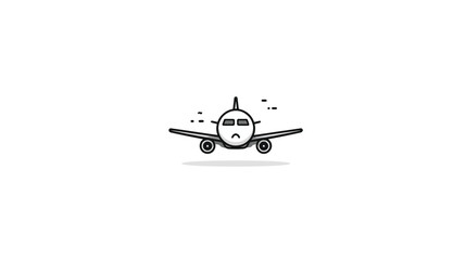 Sad airplane line icon, minimalist aircraft emoji with unhappy face. Travel problem, flight delay, or cancellation symbol. Vector illustration.