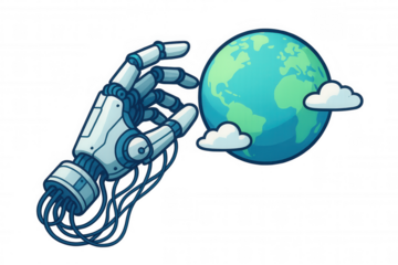 Robot hand reaching for earth, symbolizing global ai control, technology impact, and future automation
