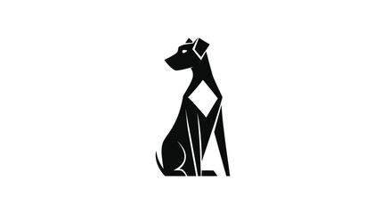 Modern minimalist geometric black dog silhouette sitting, abstract canine illustration with sharp lines and a white diamond shape.