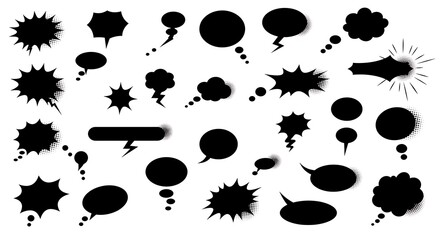 Set of black speech bubbles of various shapes and sizes on white background