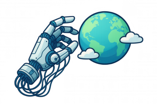 Robot hand reaching for earth, symbolizing global ai control, technology impact, and future automation