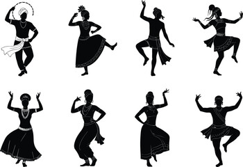 Indian classical dance silhouettes, Bharatanatyam and Kathak poses, traditional costume, cultural mudras, expressive movement, tribal jewelry, vector illustration, black figures, heritage art