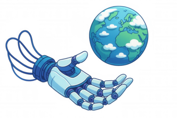 Robot hand protecting planet earth, artificial intelligence managing global environment future concept