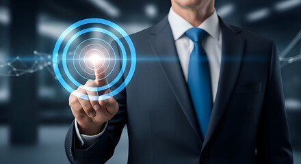 Businessman interacts with digital interface, pointing at glowing target symbol for future innovation