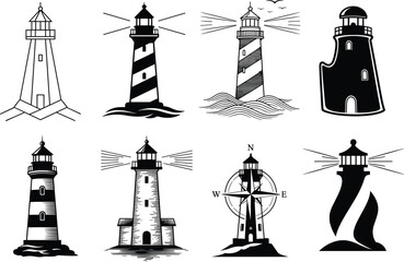 Lighthouse vector set, black and white, nautical theme, compass design, striped towers, rocky base, light beams, ocean waves, maritime architecture, coastal safety